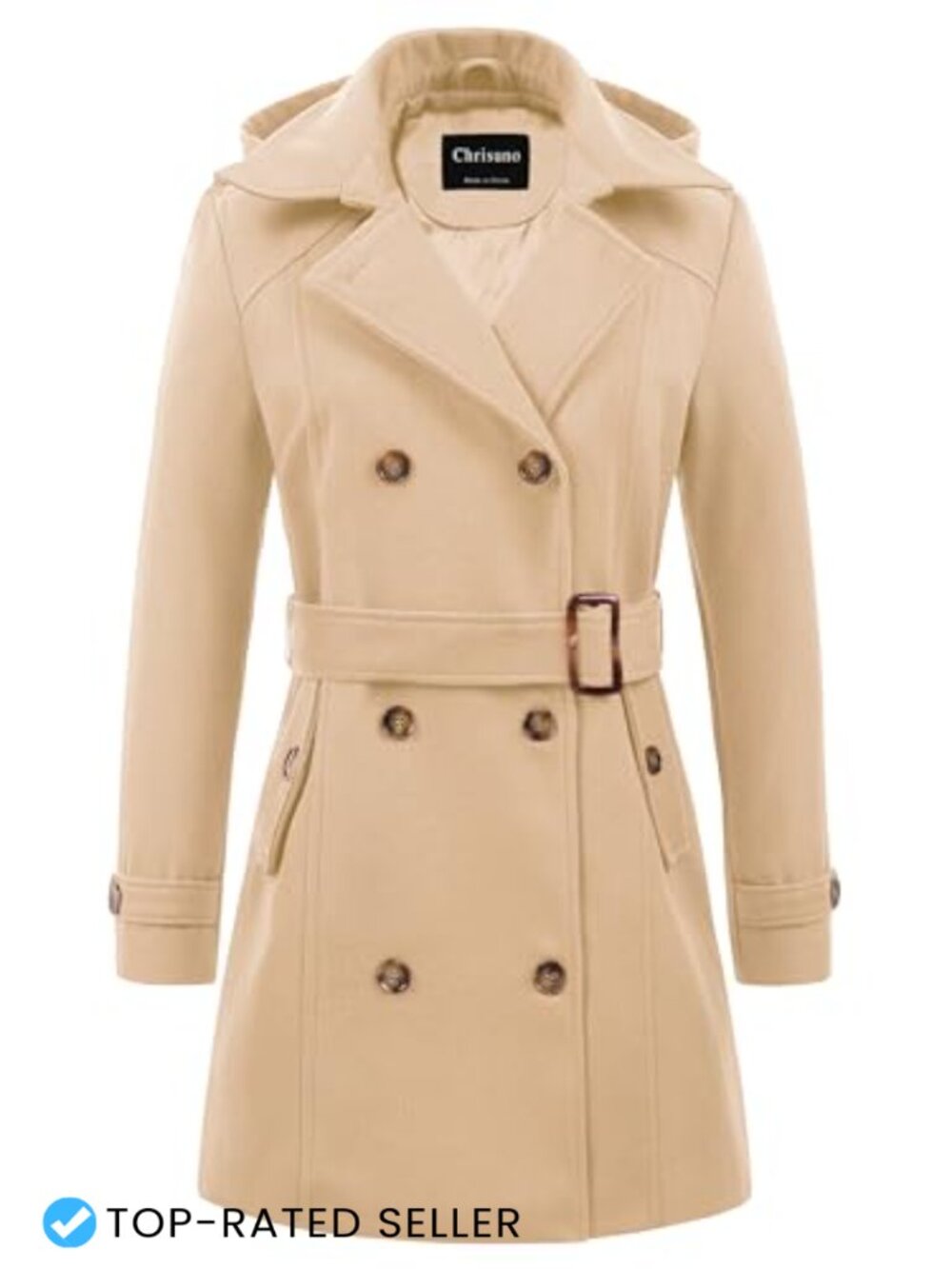 Chrisuno Women's Double Breasted Hooded Long Winter Pea Coat